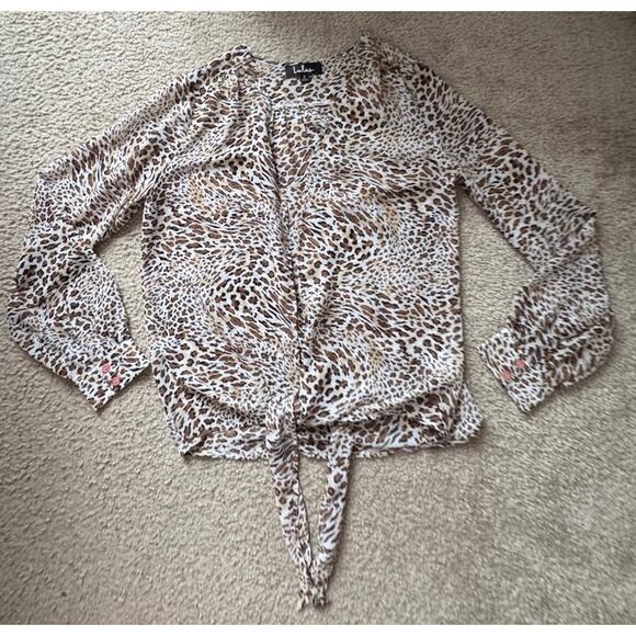 Lulus Vivaldi Taupe Leopard Print Sheer Tie-Front Top Women’s Size Small NWOT - Picture 2 of 10